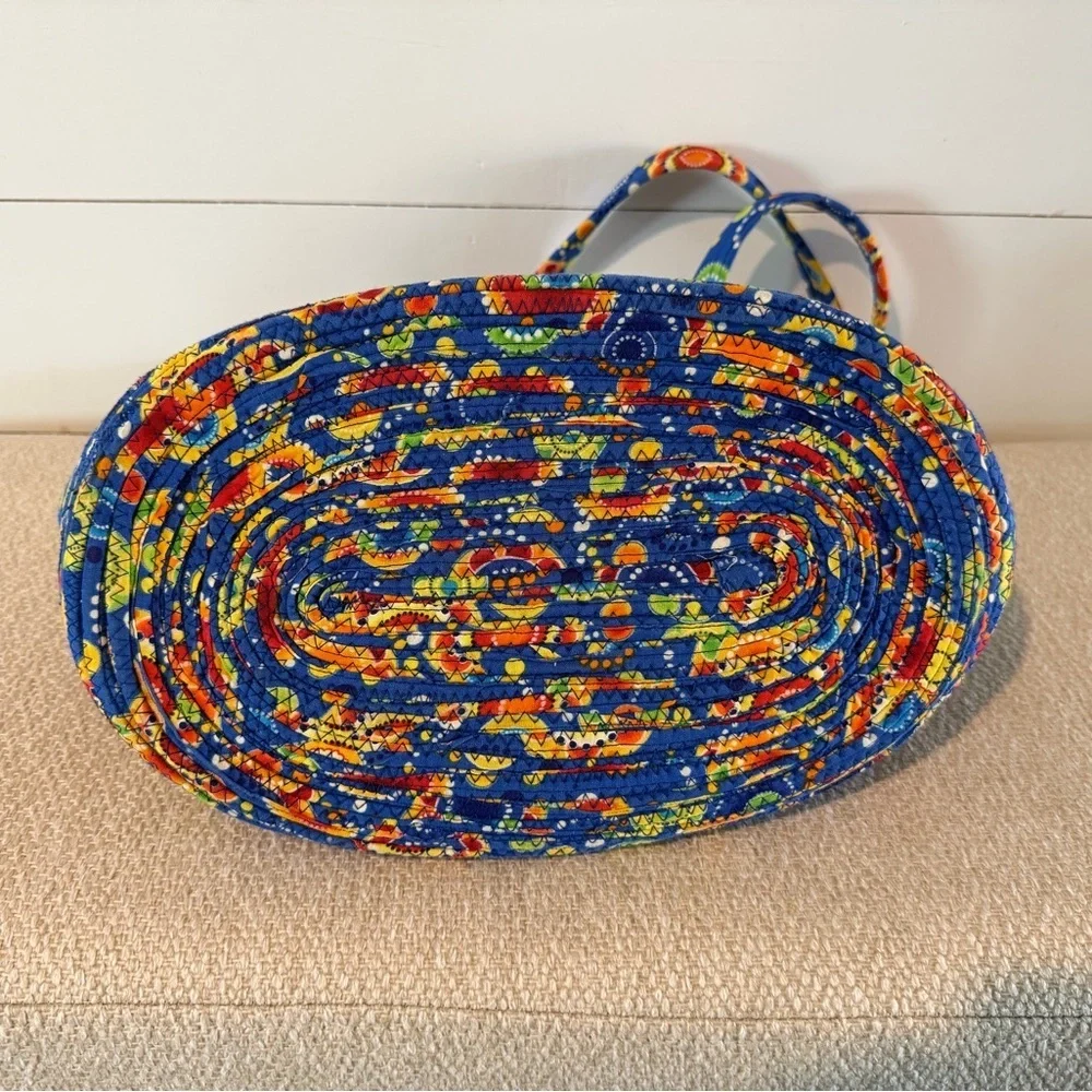 Handmade Coiled Rope Basket Tote Bag - Blue and Yellow Floral